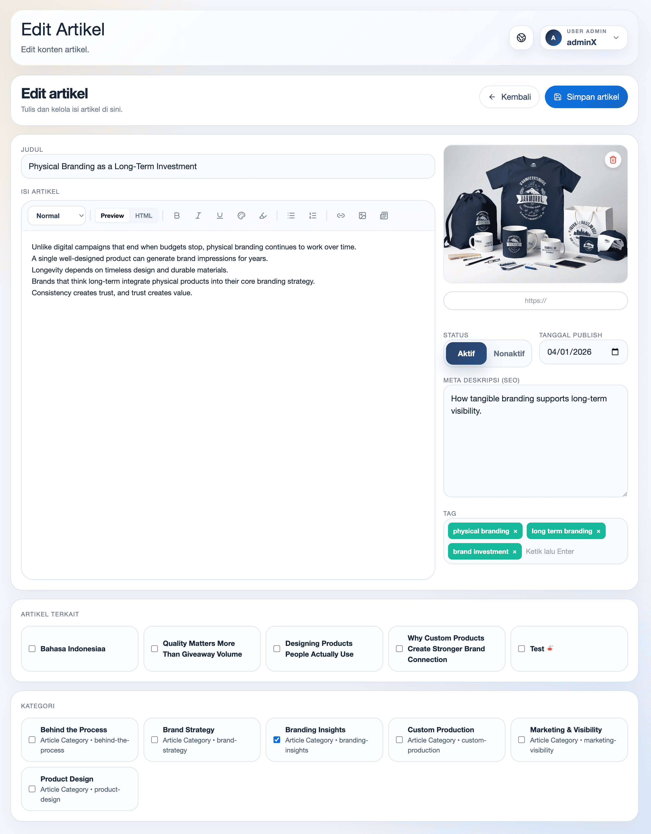 Editor artikel CMS Exwebs