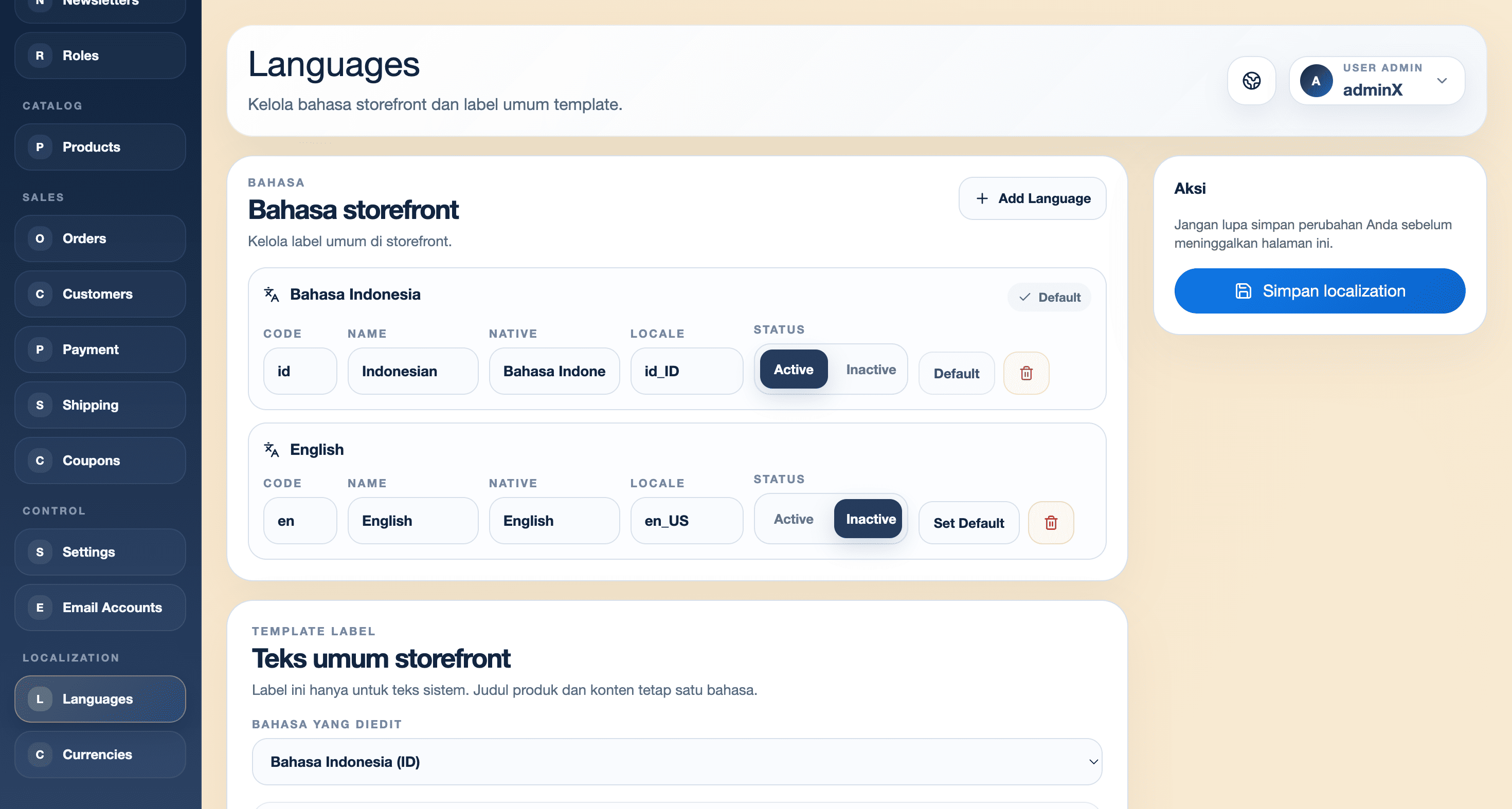 Halaman Languages CMS Exwebs