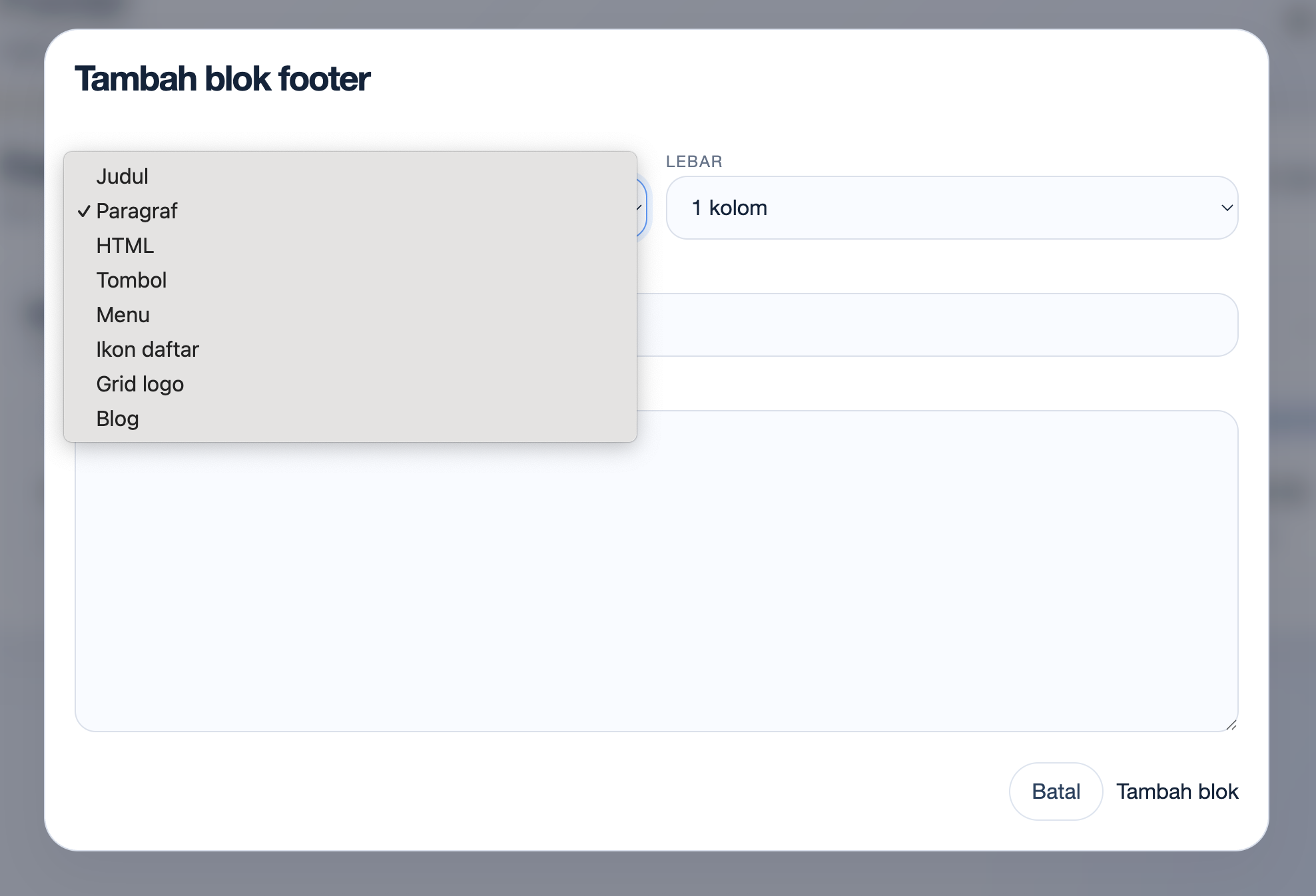 Pilihan tipe blok footer CMS Exwebs