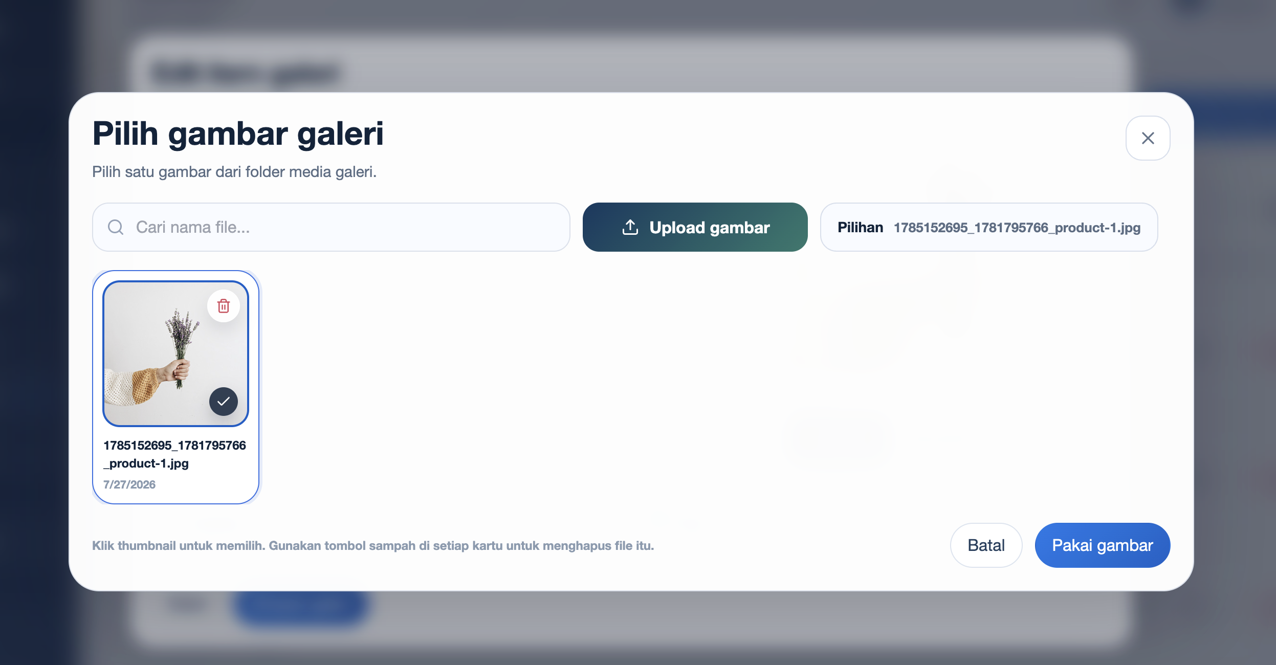 Modal pilih gambar galeri CMS Exwebs