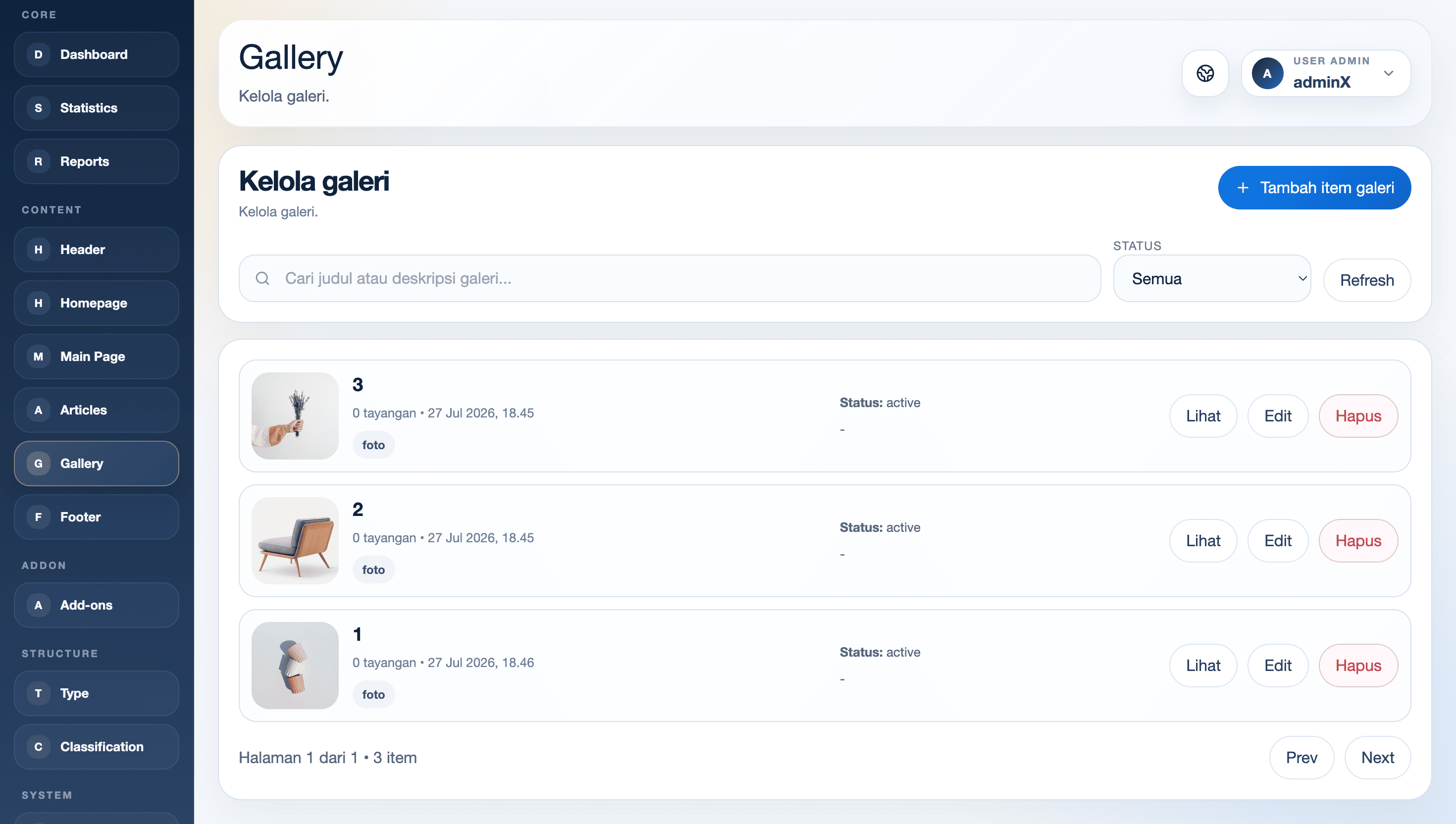 Daftar galeri CMS Exwebs