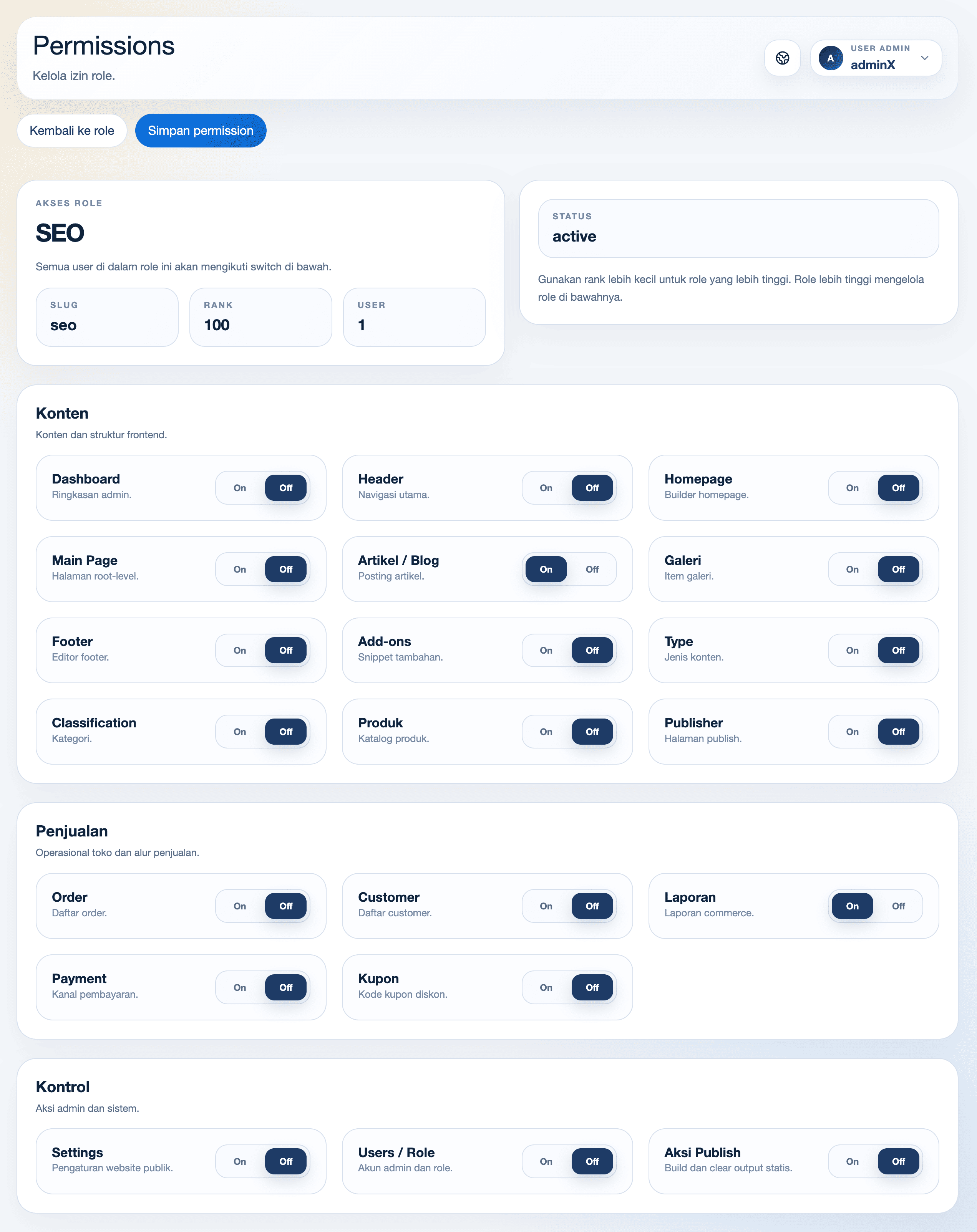 Halaman permission role CMS Exwebs
