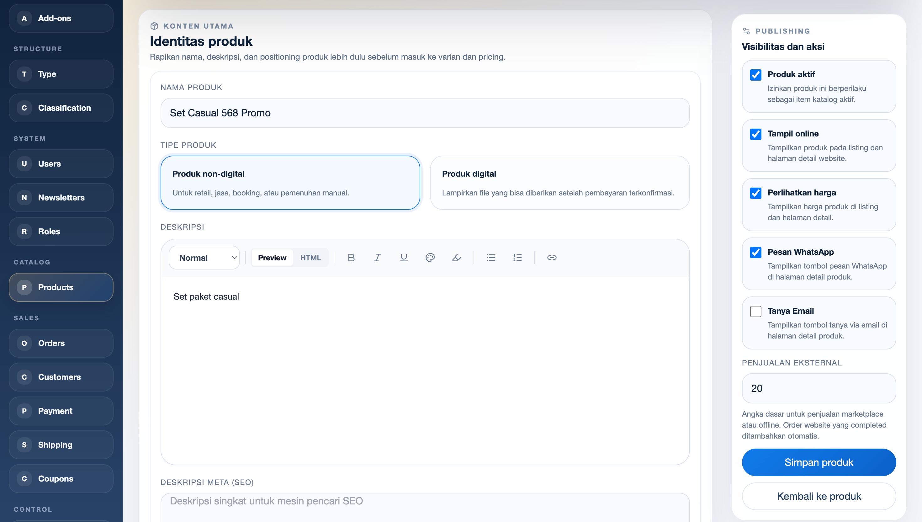 Form identitas produk CMS Exwebs
