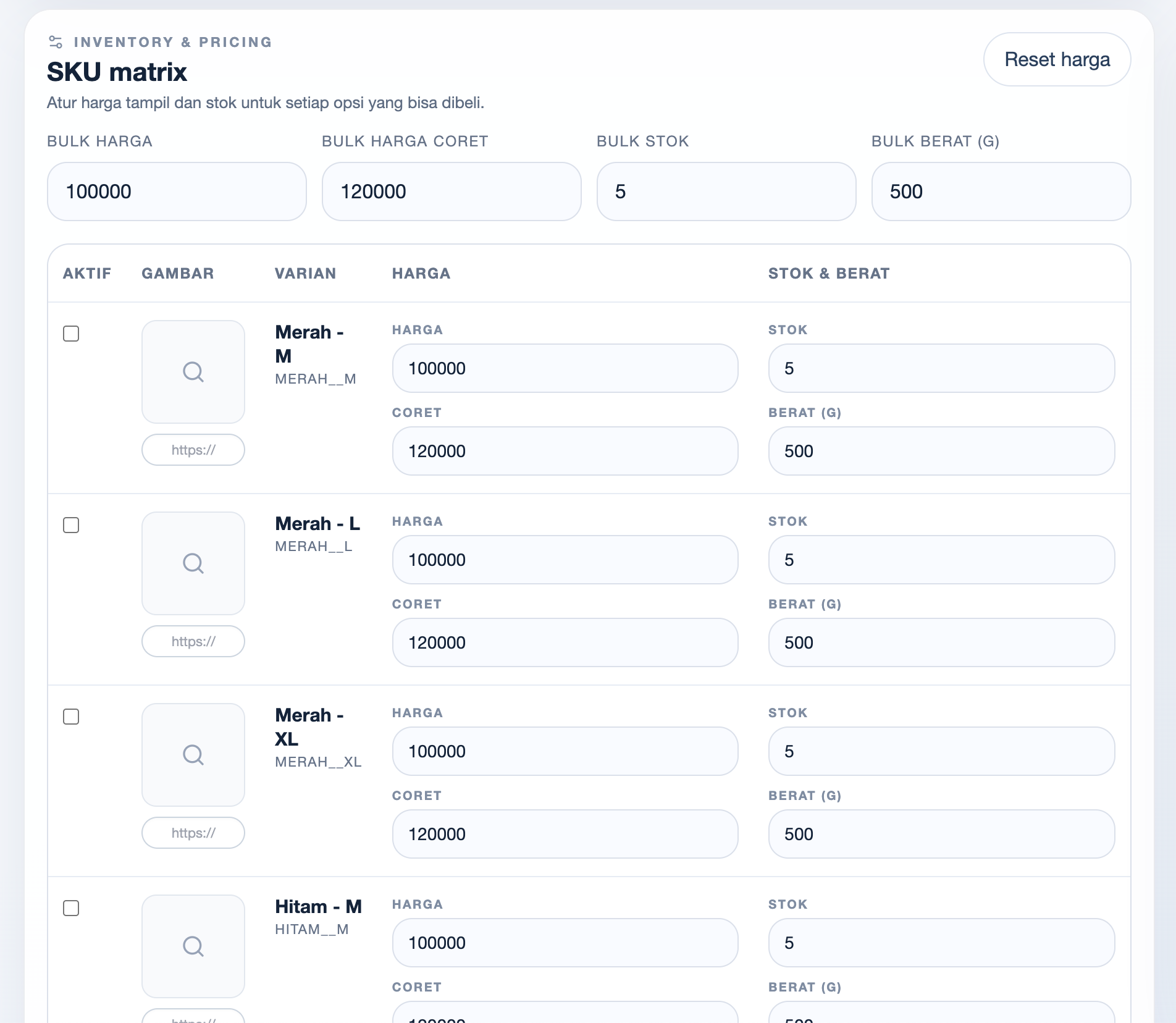 SKU matrix produk CMS Exwebs