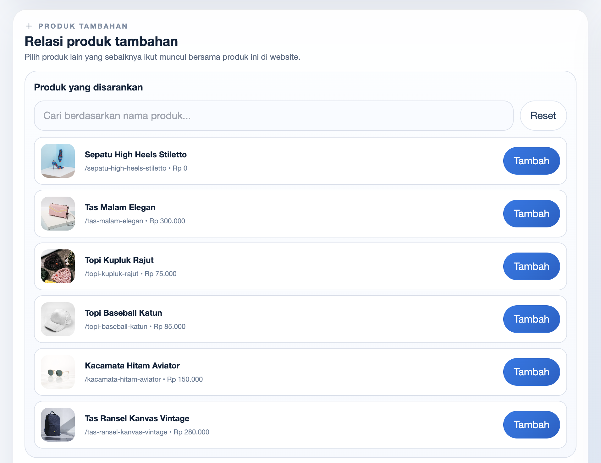 Relasi produk tambahan CMS Exwebs